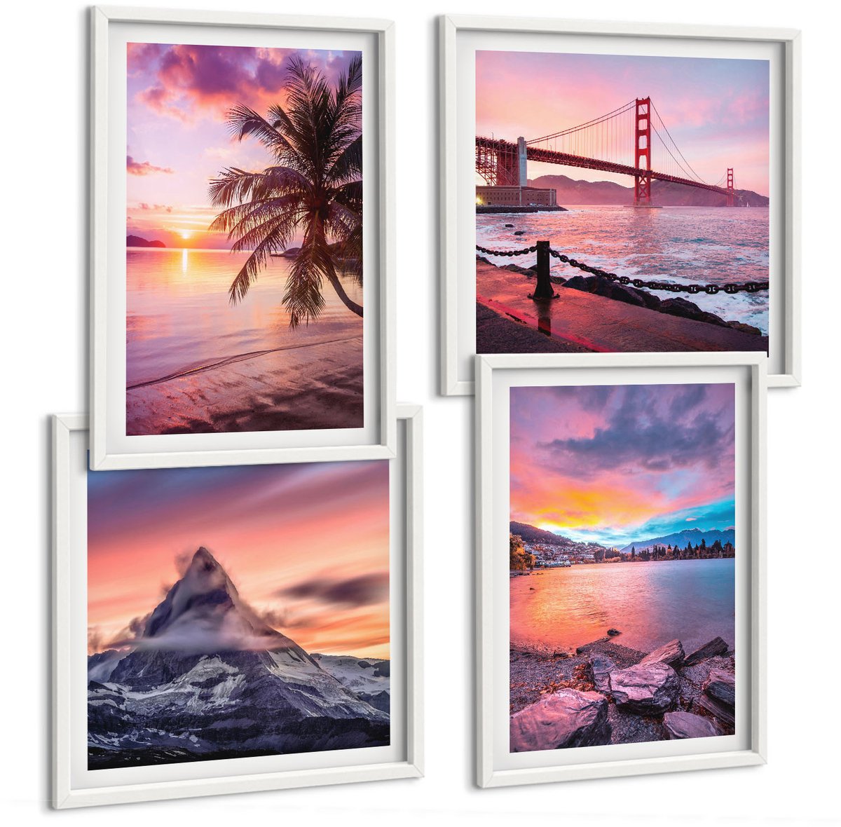 Wallfluent 4-Delige Schilderij Set - Zonsondergangen Boven De Brug En Het Waterlandschap - 40 x 40 En 40 x 60 - Decoratieve Muurdecoratie - Slaapkamer - Stijlvolle Muurdecoratie