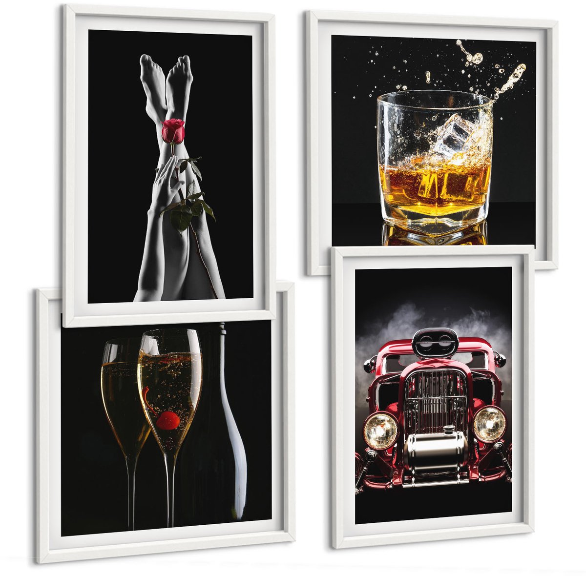 Wallfluent 4-Delige Schilderij Set - Vrouwenbenen Met Roos, Oude Auto, Wijn, Whisky - 40 x 40 En 40 x 60 - Moderne Wanddecoratie - Slaapkamer - Stijlvolle Muurdecoratie