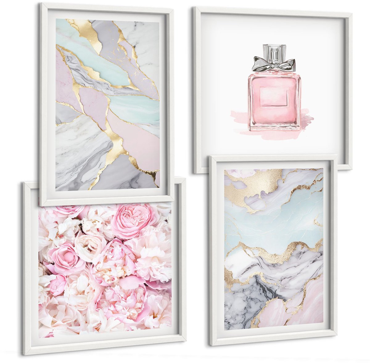 Wallfluent 4-Delige Schilderij Set - Roze Bloemen Met Marmer- En Pastelpatronen - 40 x 40 En 40 x 60 - Wanddecoratie - Muurdecoratie - Woonkamer - Woonkamer Decoratie