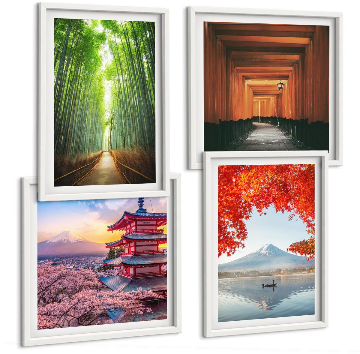Wallfluent 4-Delige Schilderij Set - Bamboebos, Mount Fuji, Torii-Pad, Japanse Architectuur - 40 x 40 En 40 x 60 - Stijlvolle Muurdecoratie - Kantoor - Woonkamer Decoratie