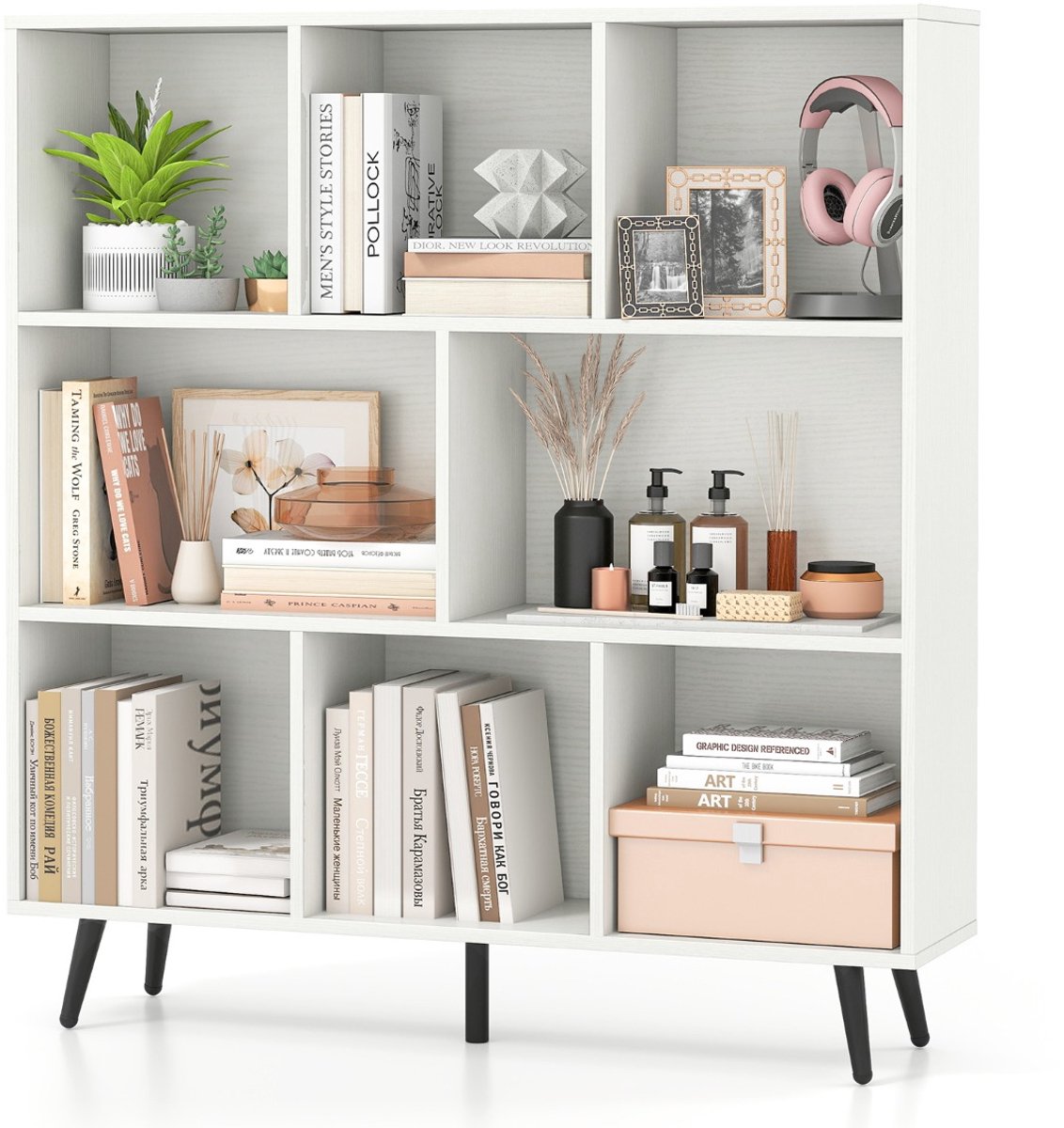 SureDeal® - Boekenkast - Vakken Vrijstaande Kast - Niveaus - Houten Poten Cube - 100x24x107 cm - Wit