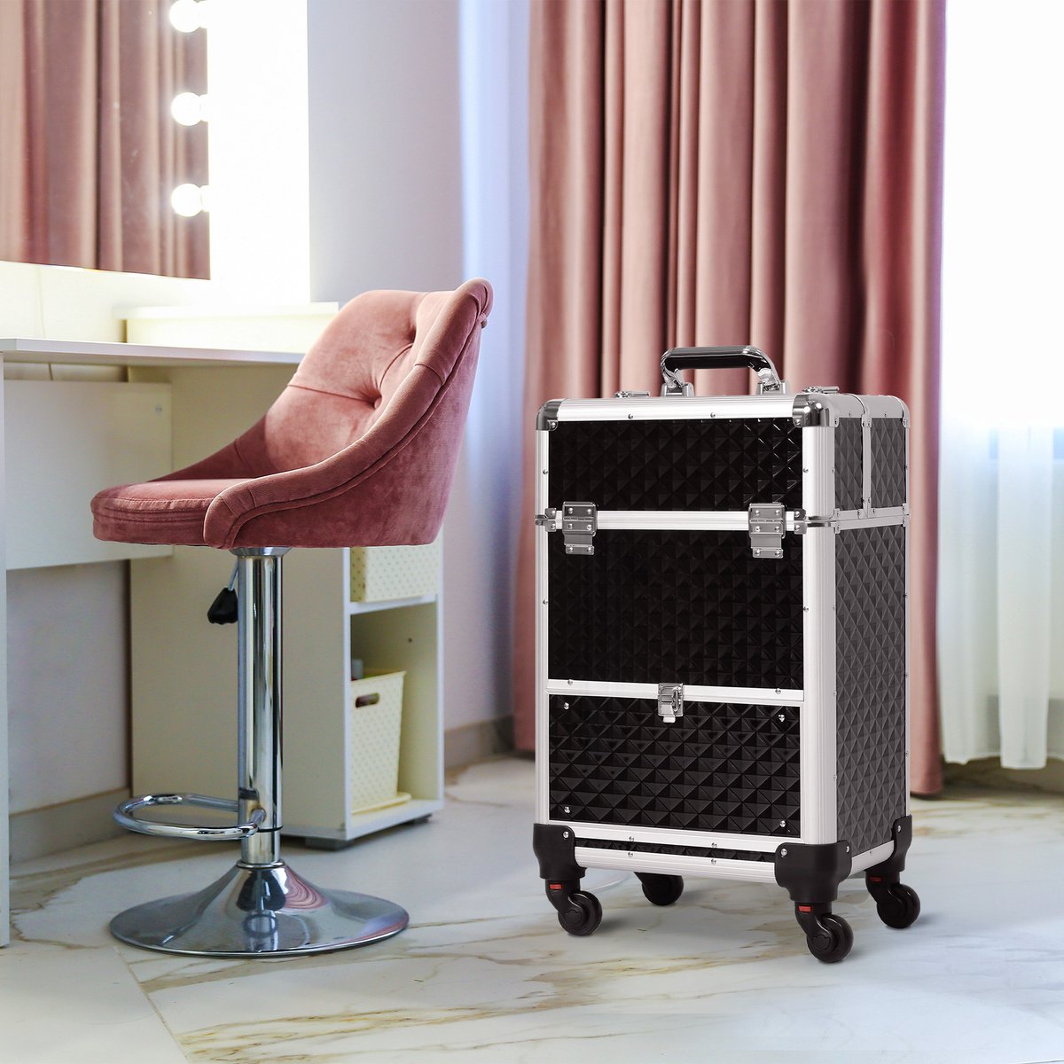 Professionele make-upkoffer met lade, make-upkoffer op wielen voor reizen en werk, 34x25x62 cm, zwart