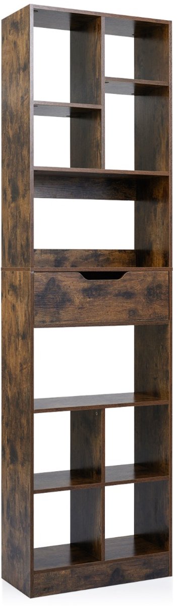 SureDeal® - Opbergrek - Houten Boekenkast Staande - Vakken - Lade Opbergkast - Kantelbeveiligingsset Bruin - 50x24x180 cm - Koffiebruin
