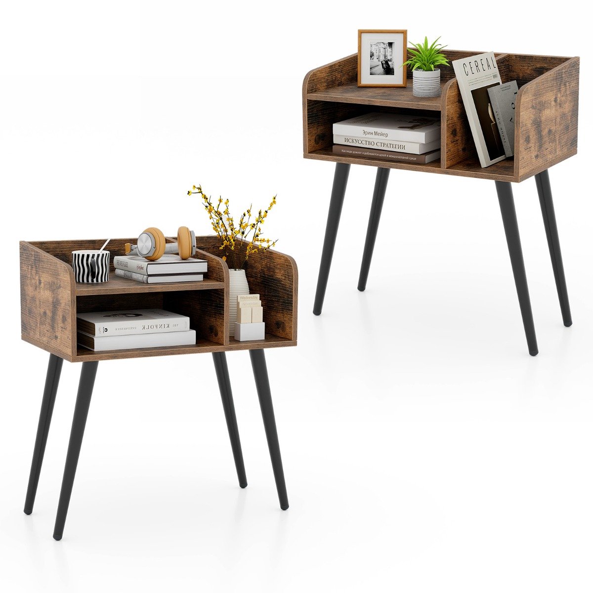 SureDeal® - Nachtkastje - Bijzettafel - Open Vak Salontafel - Metalen Steunpoten - Slaapkamer - 50x32x58 cm - Wit + Natuur