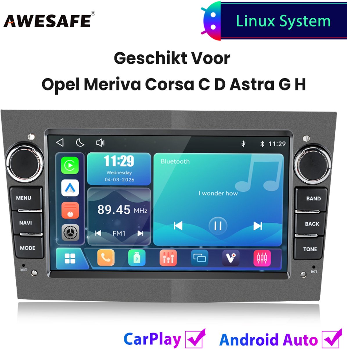 Awesafe Autoradio - Geschikt Voor Opel Meriva Corsa C D Astra G H - Draadloos Carplay Android Auto - Linux systeem - 7 Inch Touchscreen - FM Radio Bluetooth EQ SWC Wifi Airplay - Grijs