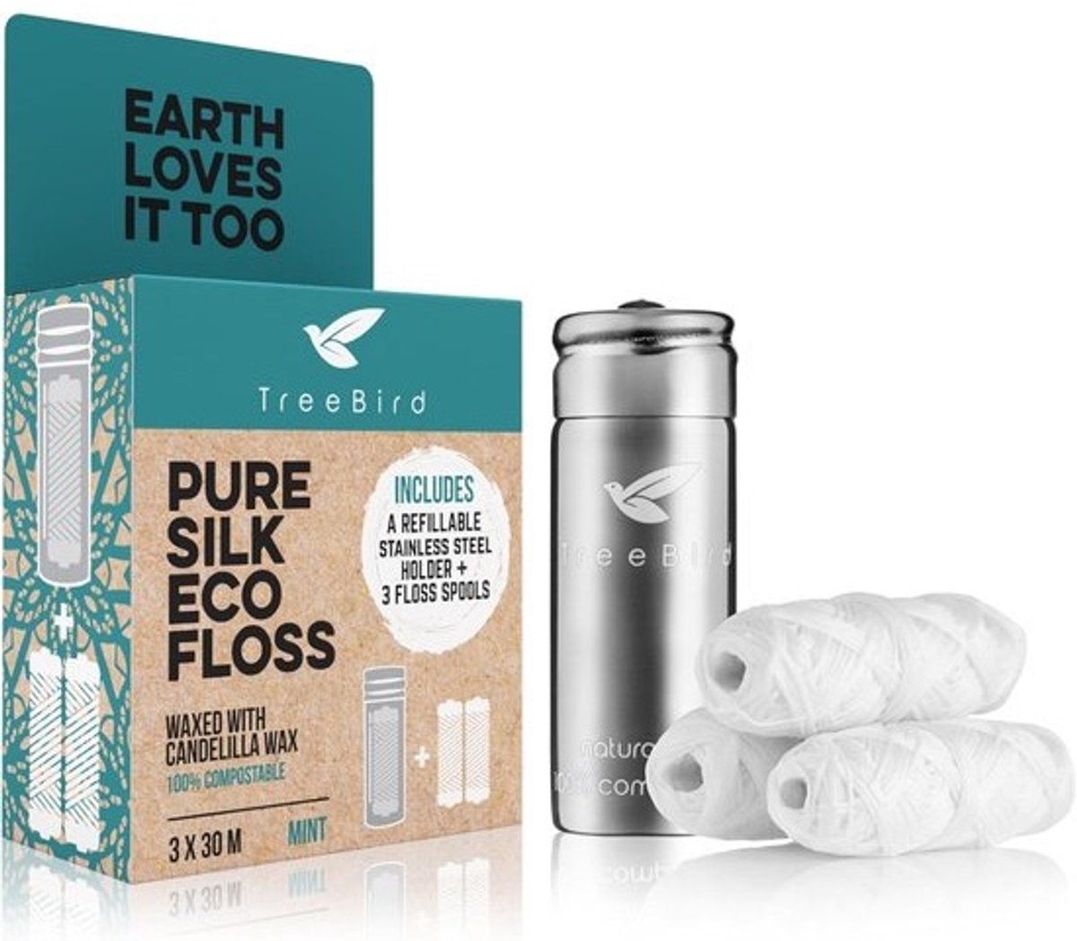 Biologische Zijden Tandzijde met Hervulbare Roestvrijstalen Dispenser | Zero Waste Mondverzorging