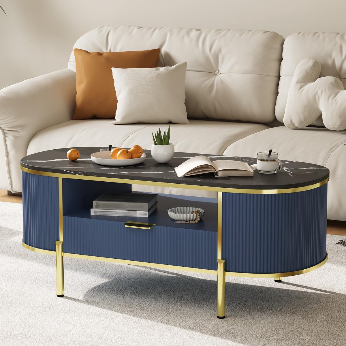 Ovale Salontafel - 122x56x48cm - Koffietafel - Imitatie Marmerlook MDF Tafelblad - Opberglade En Open Plank - MDF Middentafel - Voor Woonkamer - Blauw