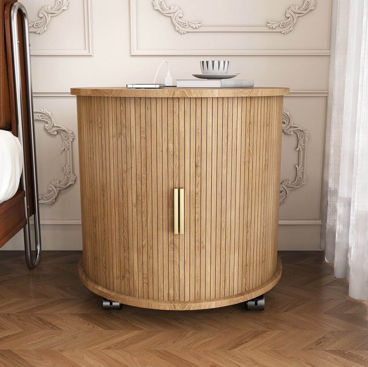 MODFU-Bedtafel-Rond-Mid-Century-Eikenkleur-Mdf-60 Cm