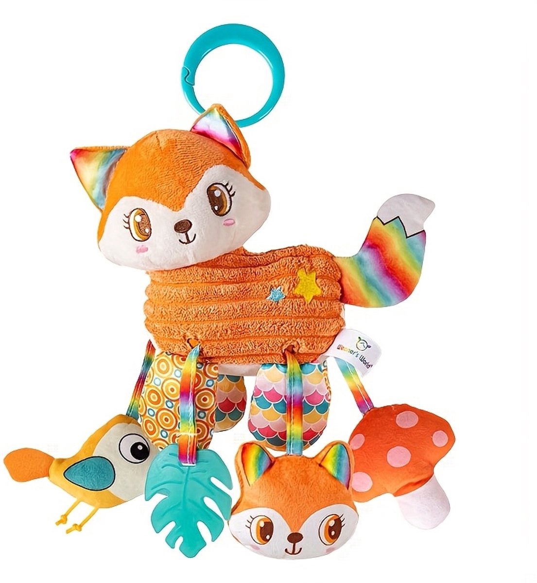 Babyspeelgoed - Sensorisch hangs speelgoed - Kleurrijke vos voor aan de kinderwagen - Sensorisch pluchen speelgoed met bijtring en rammelaar, ideaal voor reizen en spelen voor pasgeborenen