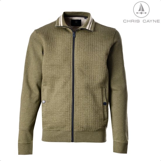 Gilet vert Chris Cayne avec une texture tissée, fermeture éclair, poches passepoilées et col rayé.