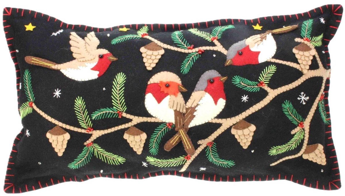 Kussen zwart Roodborstjes op tak vilt incl. vulling 50x28cm