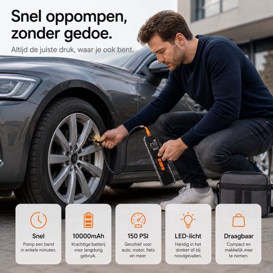 Elektrische fietspomp - Oplaadbaar & Draagbaar - Tot 10.3 Bar– Geschikt voor Auto, Fiets, Motor en Scooter – Met Digitale Manometer en Verlichting - Elektrische Bandenpomp — afbeelding 2