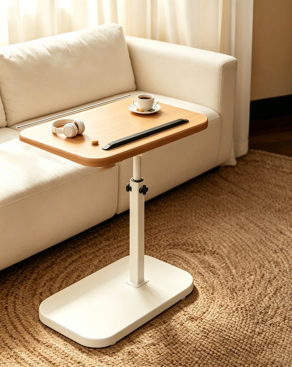 In hoogte verstelbare en opklapbare bijzettafel geschikt voor de woonkamer als salontafel kleine tafel of verplaatsbaar nachtkastje Natuurlijke houtkleur + wit frame