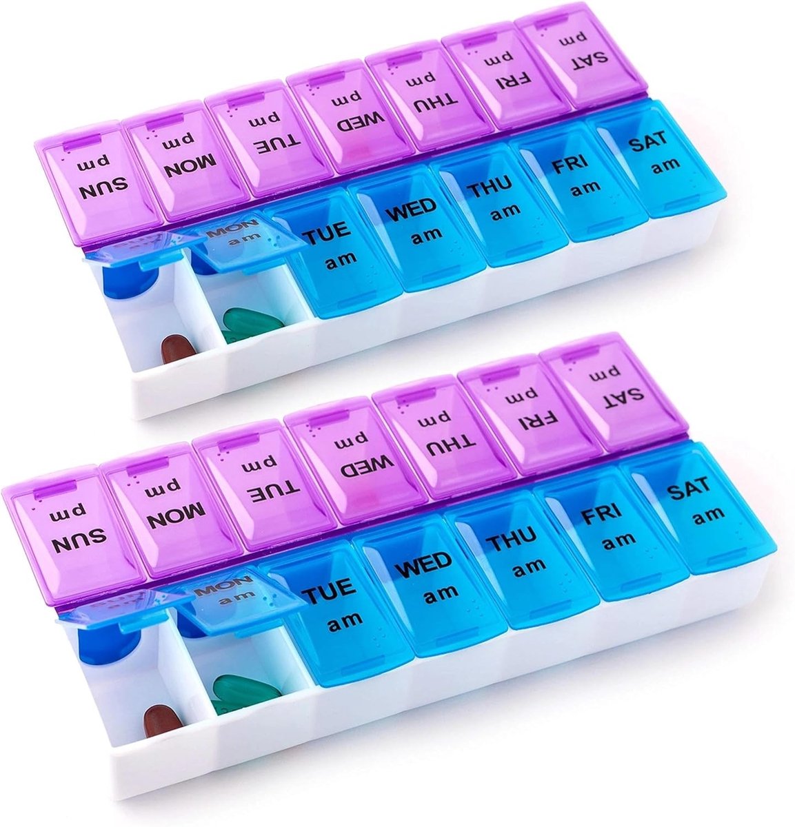 Pillendoos voor 7 dagen met 14 vakken, medicijnorganizer met herinnering voor vitaminen en pillen, draagbare medicijnbox voor dagelijks gebruik