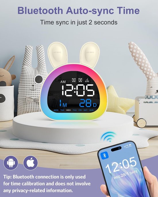 Kinderen Wekker, OK om Klok Voor Kinderen Met Touch Control Wakker, Bluetooth Tijd Sync, 9-kleur Nachtlampje, 6 Rustgevende Geluiden, Dual Alarm, Kinderen Wekker Leuke Konijn Cadeaus voor Meisjes — afbeelding 5