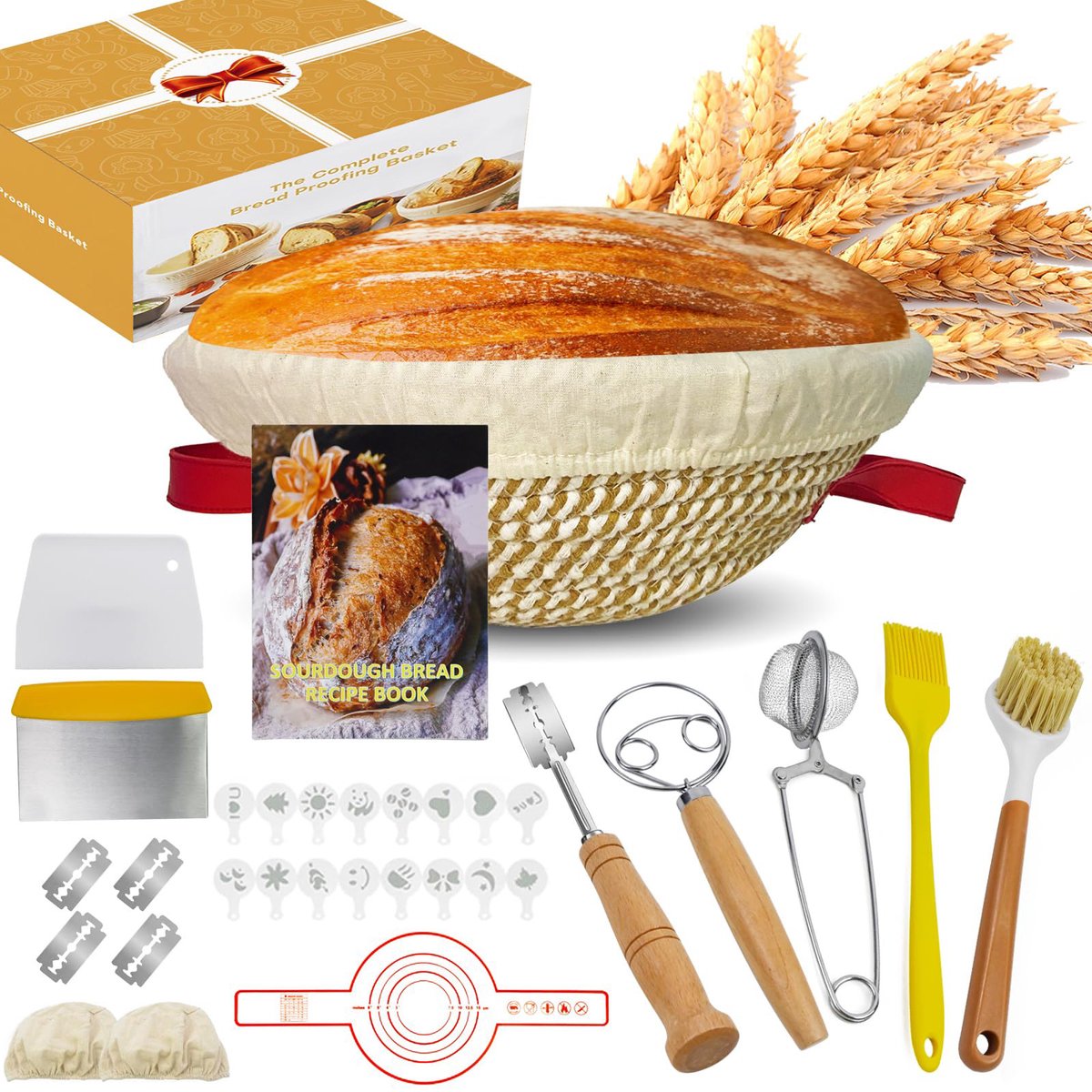 Namajunas - 27 Stusk Rijsmand - 23 CM Rijsmandje Broodbakken - Rijsmandje Ovaal Met Handgreep - Rijsmandje - Rijsmandje Brood - Voor Zuurdesem - Bakspullen - Broodmand - Brood bakken - Brood Bakken - Met Deegschraper, Broodsnijmes en Accessoires