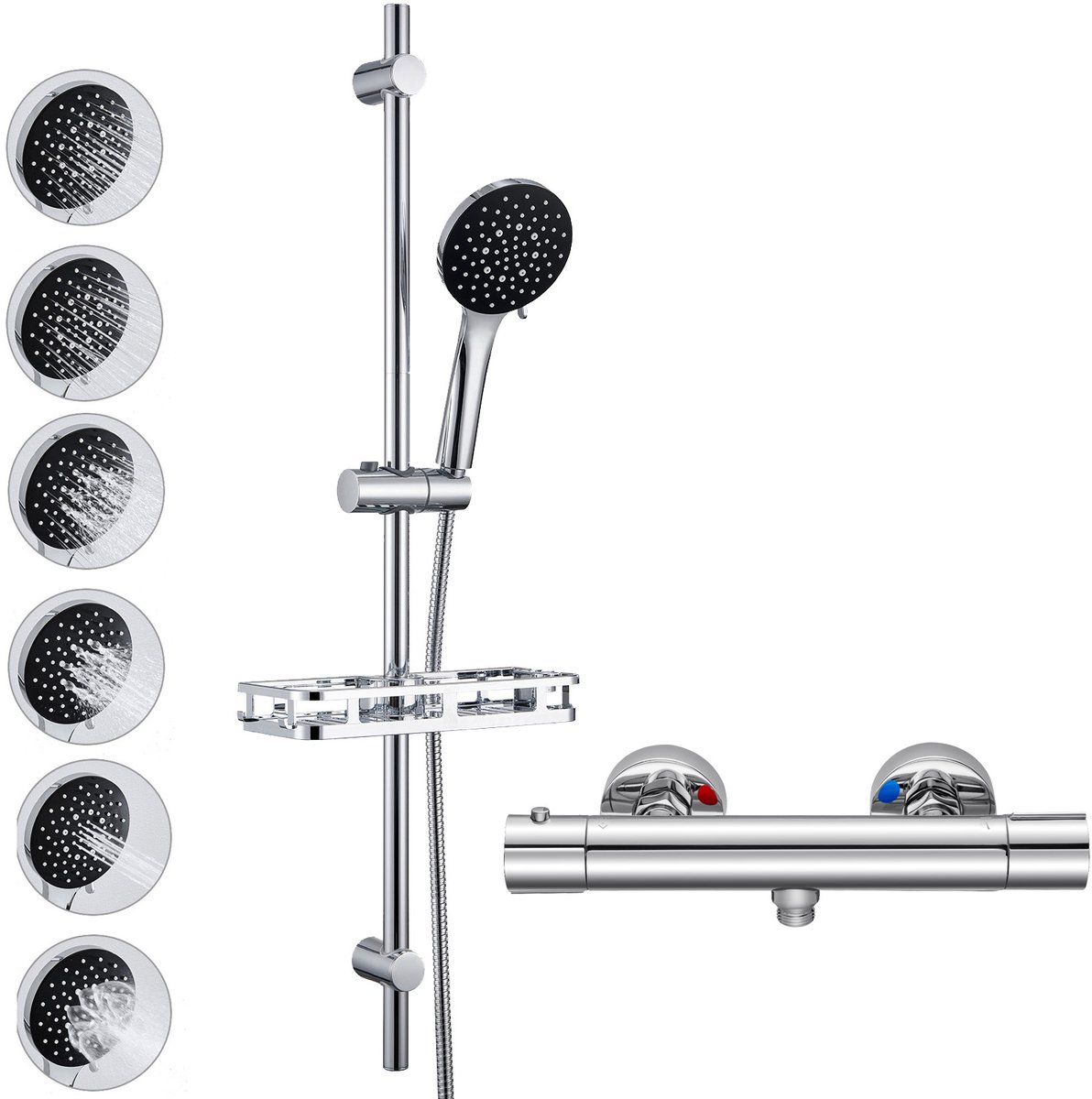Auralum max 50% Waterbesparende Glijstang Doucheset - Thermostatische Douchekraan - 15 cm Hartafstand - 90 cm Glijstangset met Plankje - Verstelbaar Glijstang - 6 Standen Handdouche - Hoge Druk - Waterbesparend - Chroom&Zwart