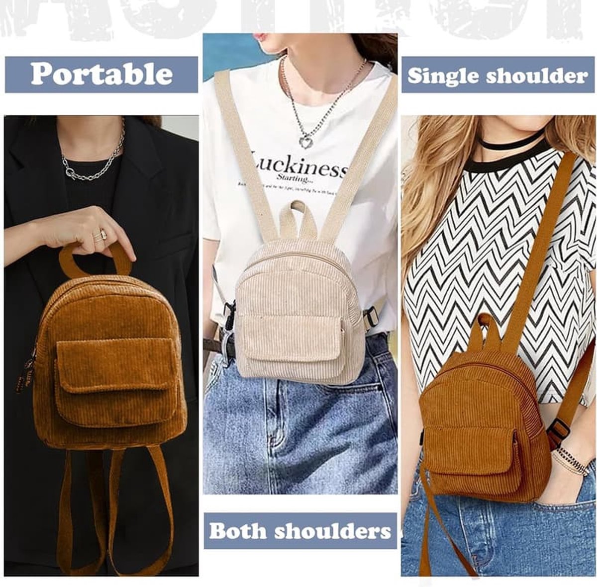 Stijlvolle damesrugzak - Corduroy mini-rugzak, portemonnee, kleine rugzak voor vrouwen en meisjes, stijlvolle kleine rugzak voor dates en werk - beige