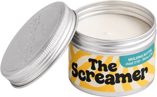 Zilveren blikje met deksel, geopend, met gele en witte gestreepte label met 'The Screamer' in zwarte letters. Bevat witte Molding Butter.
