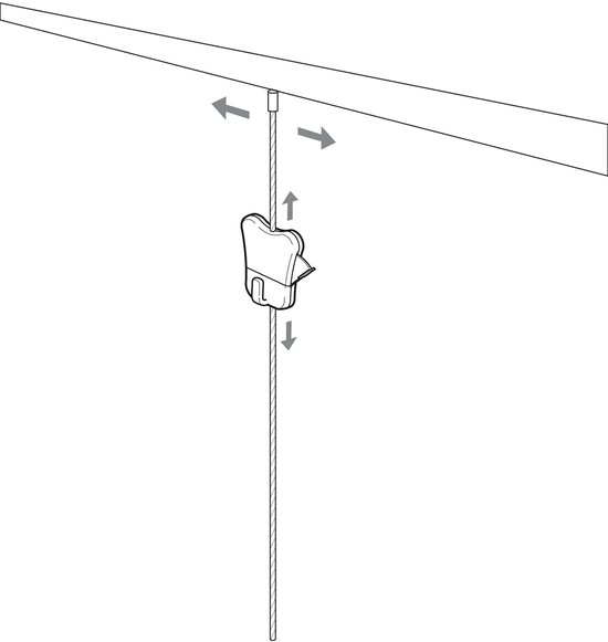 Illustratie van een STAS zipper pro ophanghaak die aan een kabel wordt geschoven.