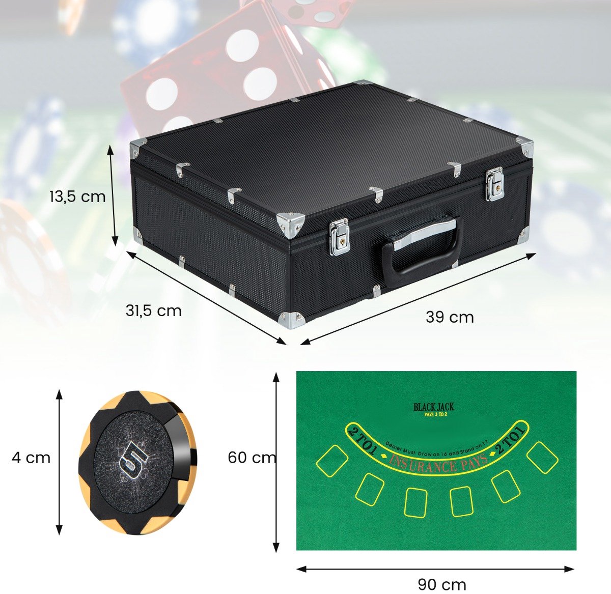 SureDeal® - Speelkamer - Poker Chips Spel - Chips Decks Kaarten - Dealer Knoppen Poker - 39x31,5x13,5 cm - Zwart
