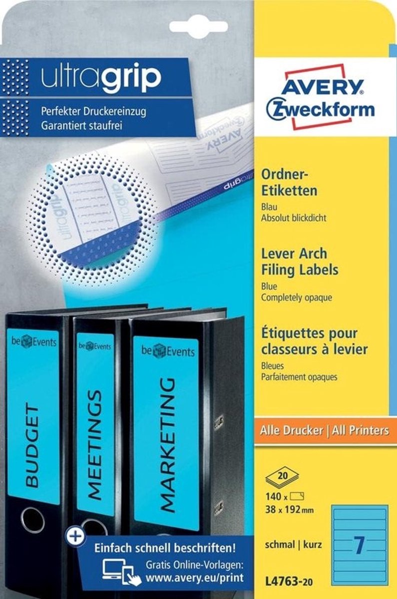 Blauwe Ordnerrug Etiketten Zelfklevend Smal 38x192mm met Ultragrip - 140 Stuks op A4 Vellen