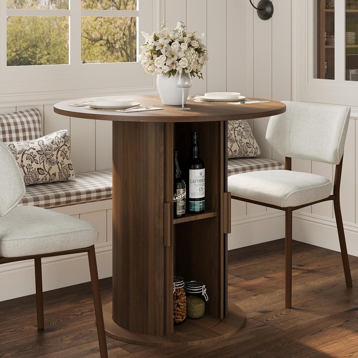 Ronde eettafel voor 2-4 personen – Onderstel met verborgen opbergruimte – Ruimtebesparende eettafel – 80×80×75 cm – Lichte walnootkleur