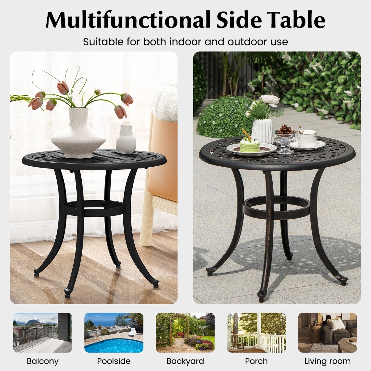 SureDeal® - Tuintafel - Bijzettafel Gegoten Aluminium - Verstelbare Voetkussens Ronde - Tuin Achtertuin - 60x53 cm - Koffiebruin