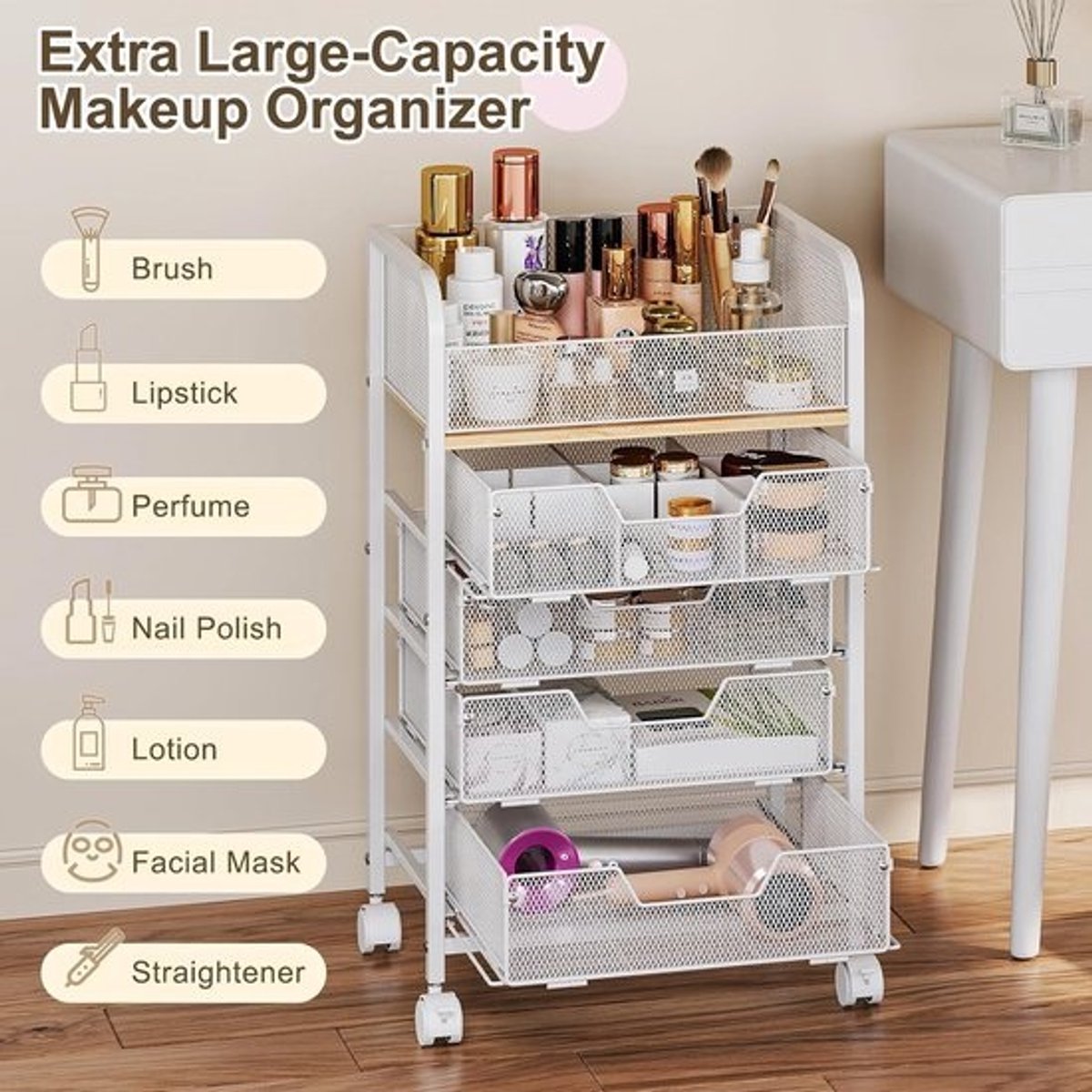 Verrijdbare make-up koffer met 4 lades - Wit
