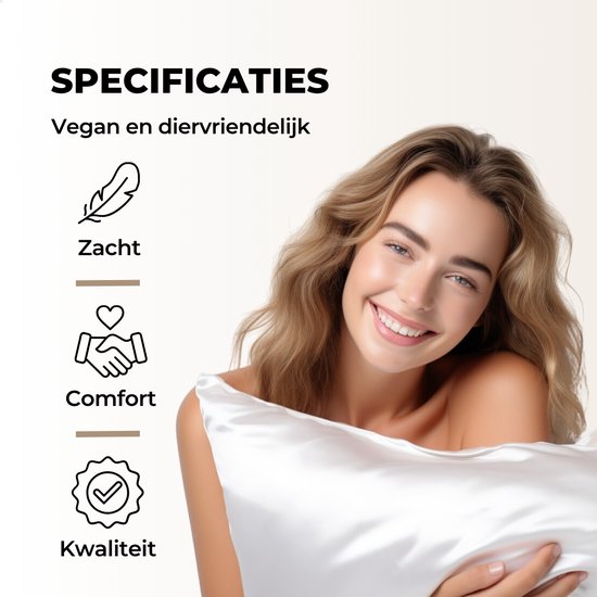 Vrolijke vrouw met lang blond haar, omringd door illustraties van een veer, hart met handen en een keurmerk. Zij houdt een witte satijnen kussensloop vast.