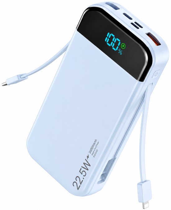 Lichtblauwe 22.5W powerbank met 30.000 mAh, met ingebouwde iOS en Type-C kabels.