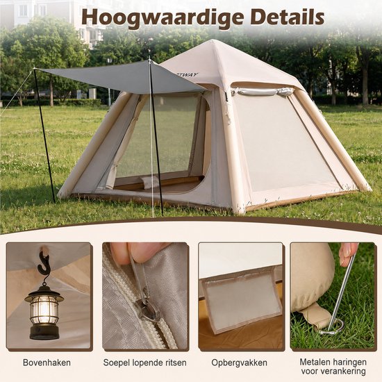 Opblaasbare tent - pblaasbare glamping tent - Waterdicht - Tot 4 personen - Khaki - Camping - Tuin - Glamping - 230L x 230B x 163H cm — afbeelding 4