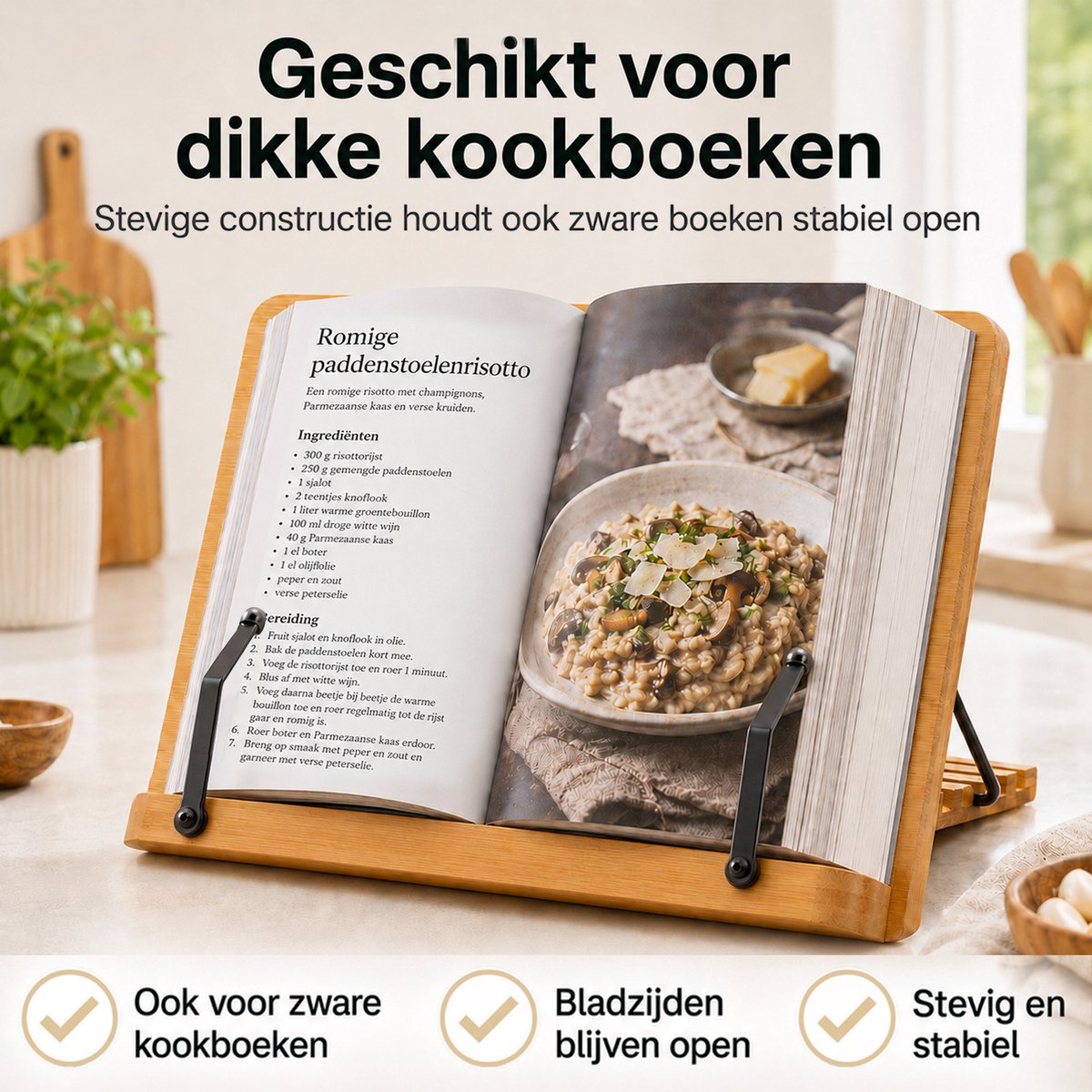 VITAMO™ Bamboe Kookboekstandaard - Boekenstandaard - Verstelbaar in 5 Standen - Bladzijdehouder - Geschikt voor Dikke Kookboeken - Inklapbaar - Tablet & iPad Houder - Receptenhouder — cadeau in Kookcadeaus - foto 3
