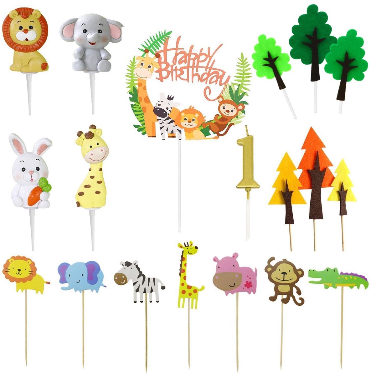 Dailygoods- Taartdecoratie 1 Jaar - Dieren Taartversiering - Verjaardagsdecoratie Set - Driedimensionale Dieren - Veelkleurig - Milieuvriendelijk Materiaal - Verjaardagstaart