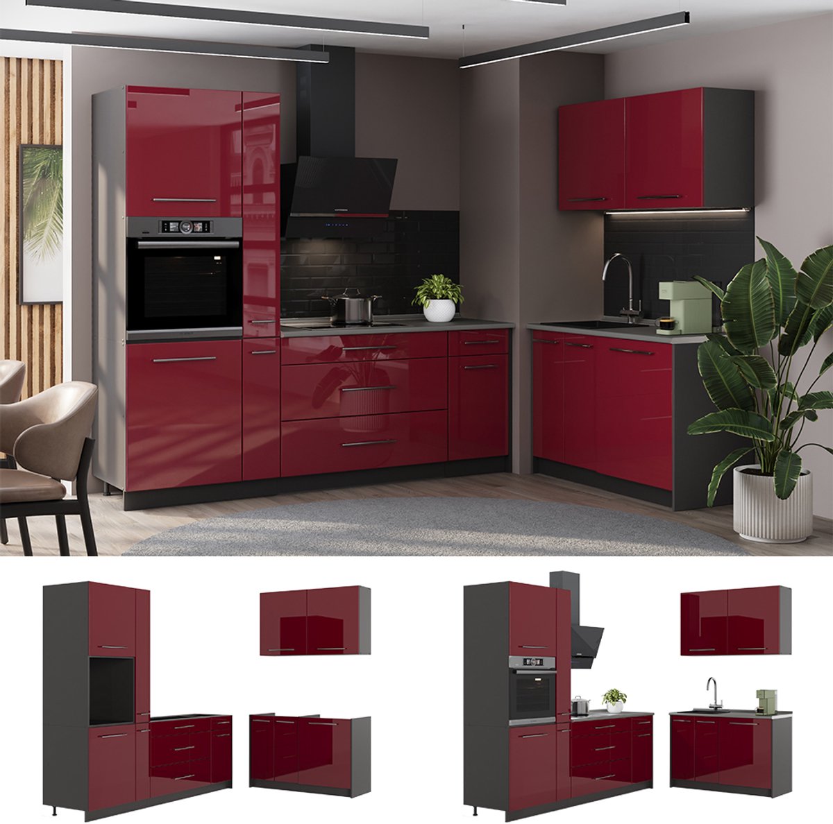 Vicco Keuken Fame-Line, Bordeauxrode hoogglans/Antraciet, 220 x 120 cm zonder werkblad