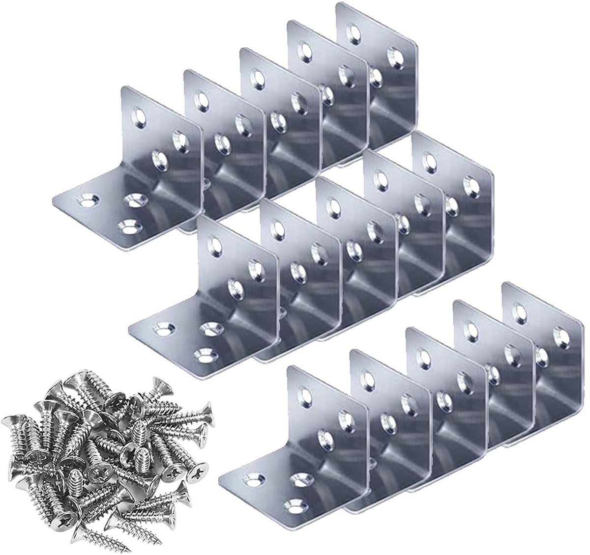 Dailygoods - 15 stuks L-beugel, 38 x 30 x 30 x 1,5 mm, roestvrijstalen dwarsbeugels met 90 schroeven, robuuste rechte hoek voor hout, metalen hoekbeugels voor het bevestigen van hout