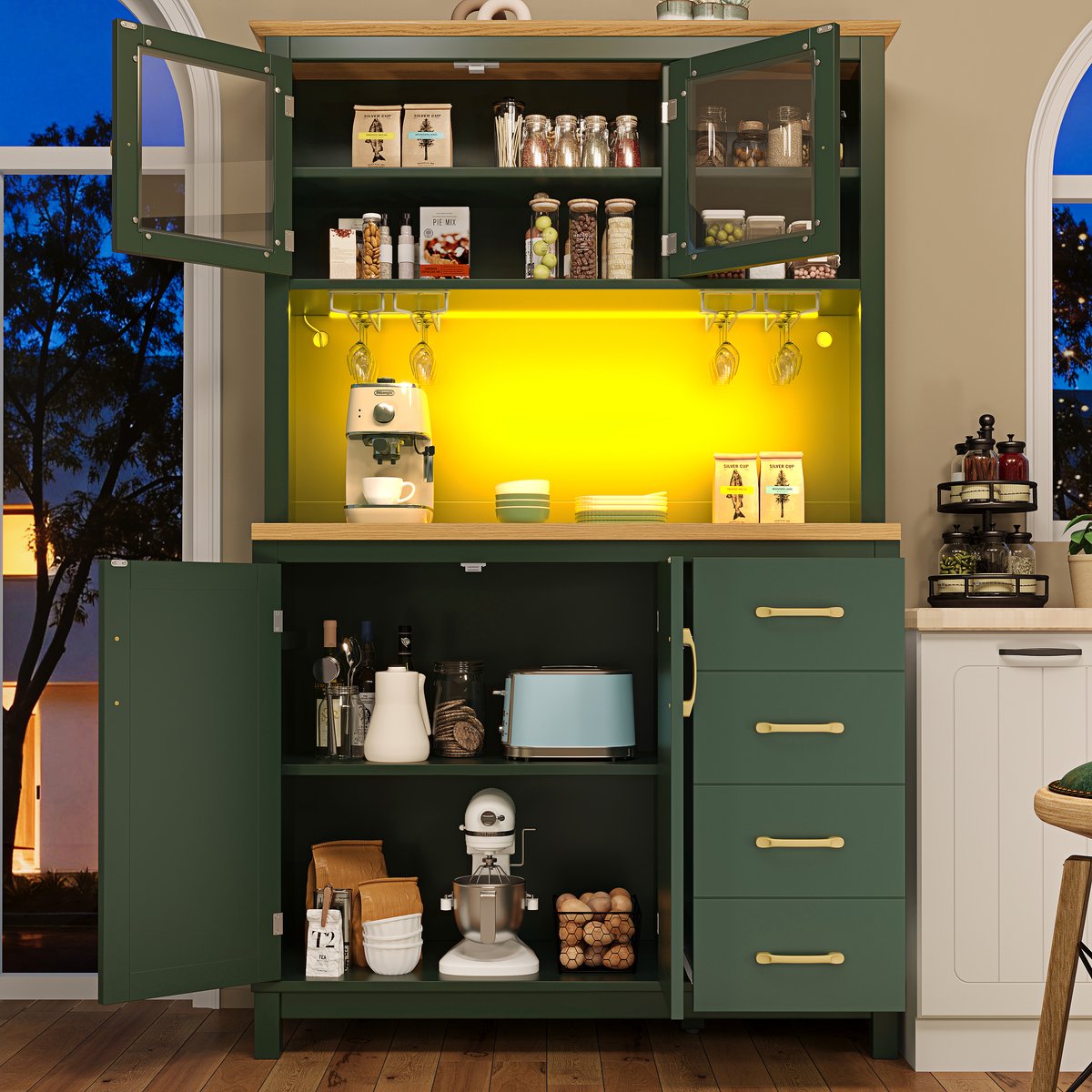 REDOM - Buffetkast - Grote opbergruimte - 4 deuren en laden met deurvakken - LED-lichtstrip met app-bediening - Retro stijl - Eetkamer - MDF - Groen - 105,5 x 40 x 180 cm
