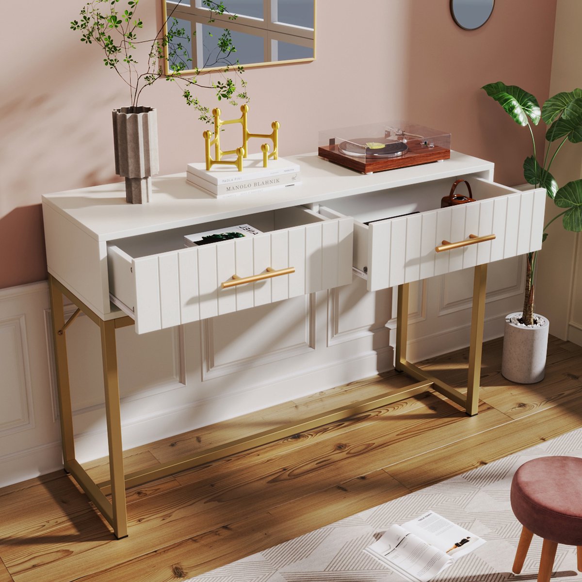 REDOM - Schminktafel - 2 laden - geribbelde fronten en metalen voet - verstelbare poten - moderne stijl - Slaapkamer - spaanplaat - Wit - 100 x 45 x 75 cm