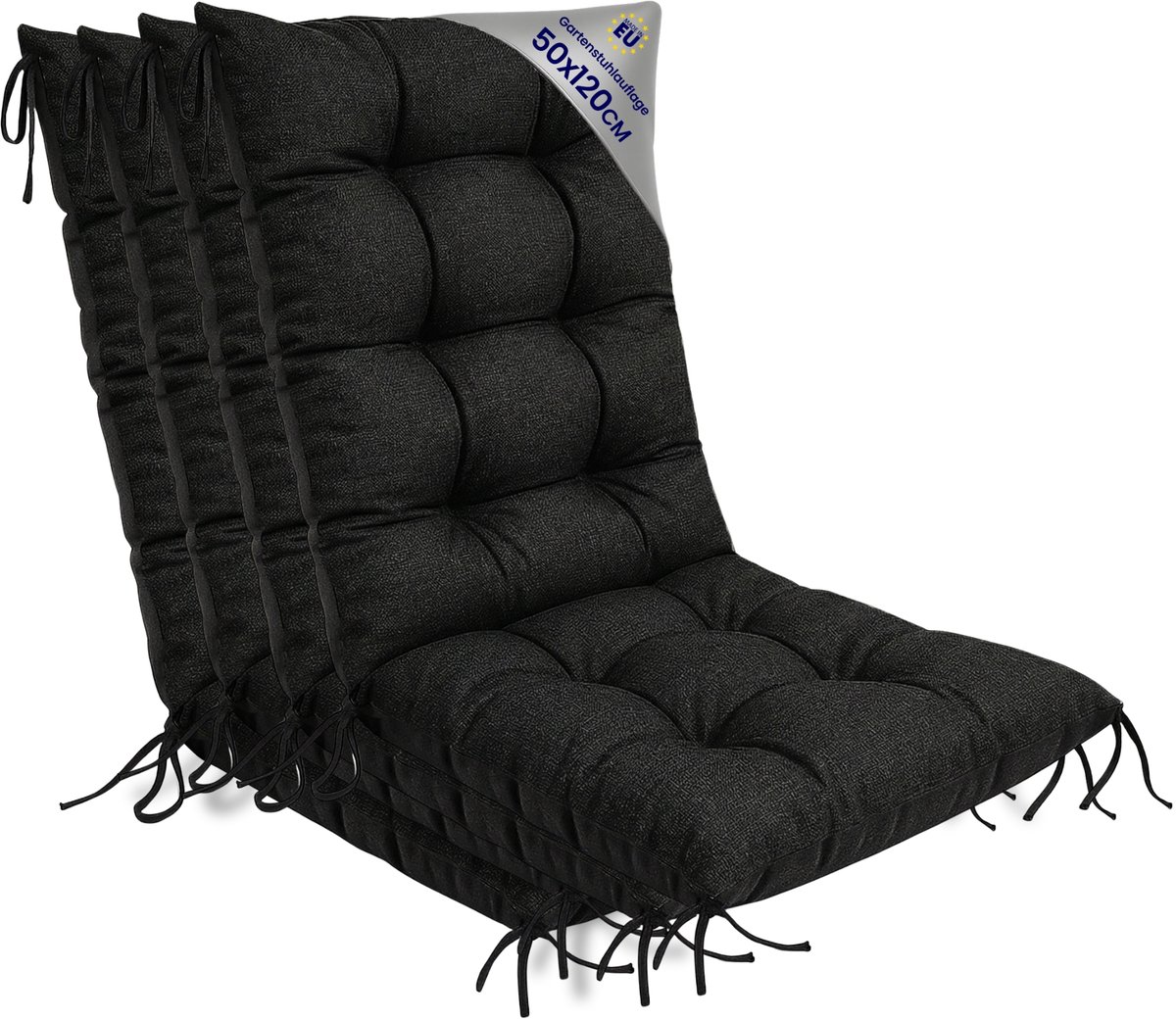 Tuinstoelkussens Hoge Rug Set: 4x 50x120 cm - Kussens voor Tuinstoelen & Standenstoel Terrasstoel Grafiet Eco linnen Stoelkussens Tuin Zitkussen Extra Dik 10 cm met Bindlinten