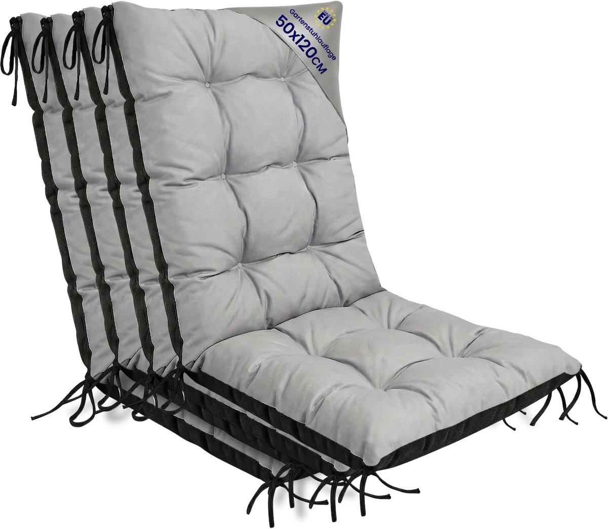 Tuinstoelkussens Hoge Rug Set: 4x 50x120 cm - Kussens voor Tuinstoelen & Standenstoel Terrasstoel Grijs Stoelkussens Tuin Zitkussen Extra Dik 10 cm met Bindlinten