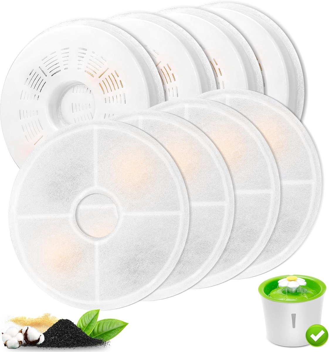 Killogood Vervangingsfilters voor Kattenfontein - 8 stuks - Actieve kool en ionenwisselhars - Drielaags filtersysteem - Compatibel met 3 liter Huisdier Drinkfontein