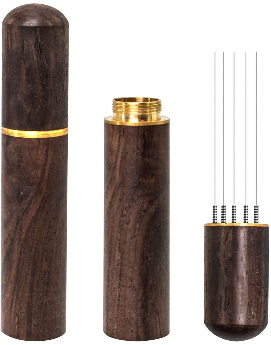 Dailygoods - Zolunu Espresso Koffie Roerder 5 Naalden 0.4mm Espresso Distributie Gereedschap, Natuurlijke Houten Handvat en Stand
