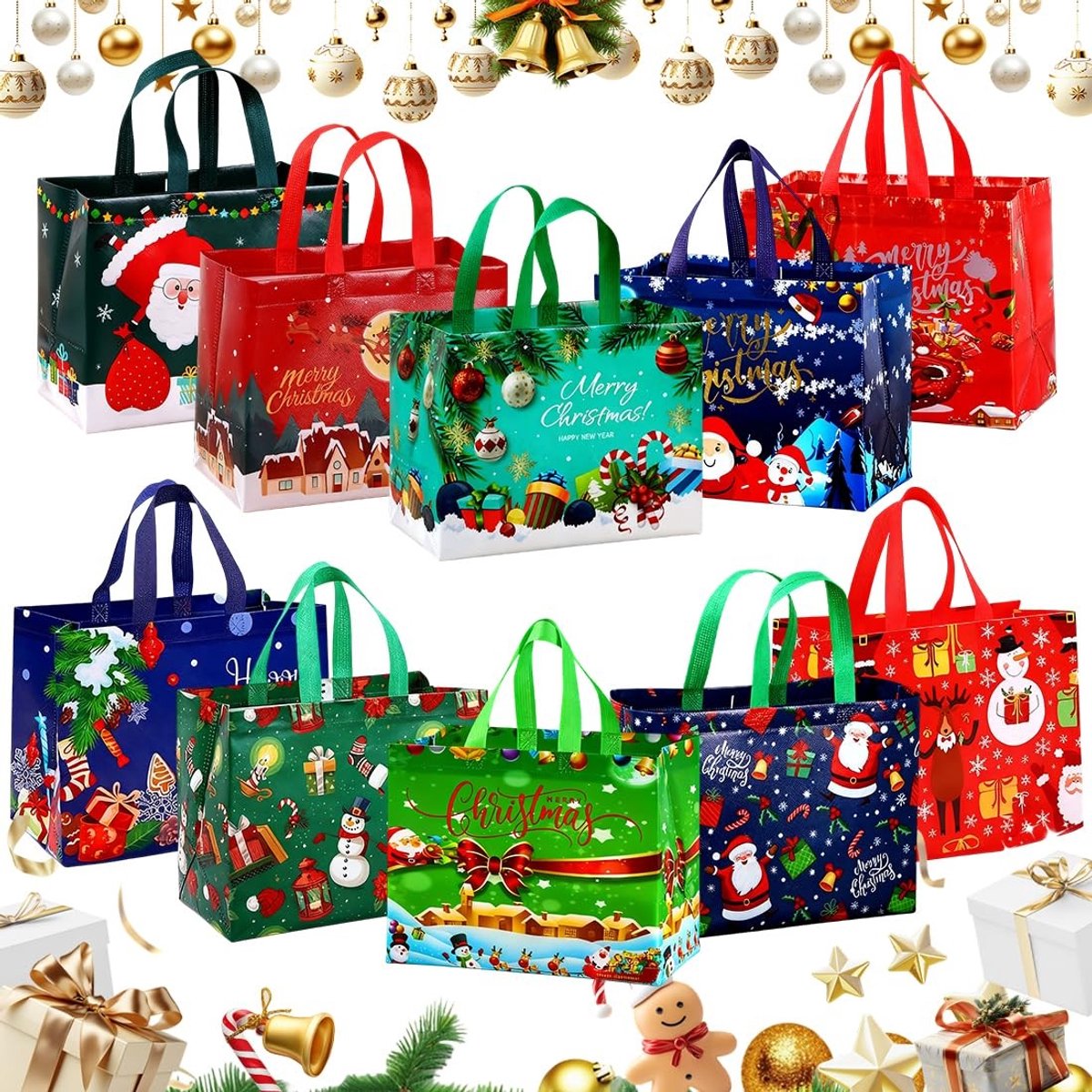 Dailygoods- Kerstcadeautassen Groot - 10 Stuks - Herbruikbare Kerstzakken - Niet-geweven Zakjes - Met Handgrepen - Perfect voor Kinderen