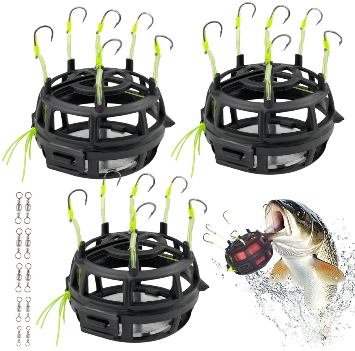 Dailygoods- Visaccessoires 3-Delige Set - 360° Voer Mand - 6 Hoeken - Zander/Perc/Haring - Dubbele Sluiting - Geschikt voor Zoet/Zeewater - Visgerei