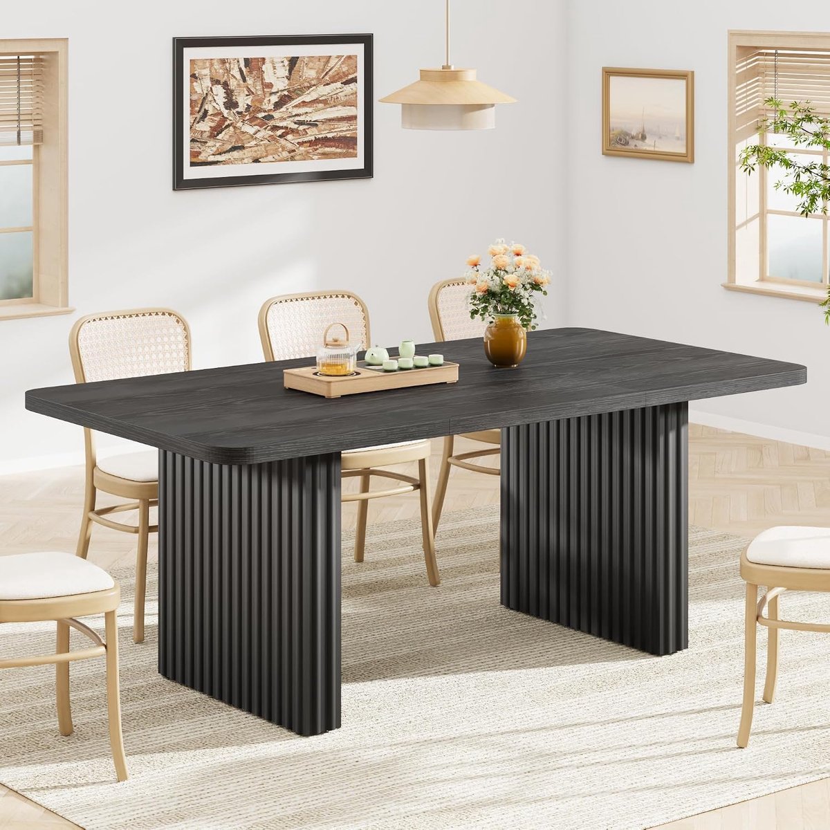 Moderne eettafel voor 6-8 personen – 71" rechthoekige boerderij-keukentafel – met zwarte, gegroefde metalen poten in golfmotief en houten blad – grote eettafel voor thuiskantoor en eetkamer – 180×80×75 cm – zwart