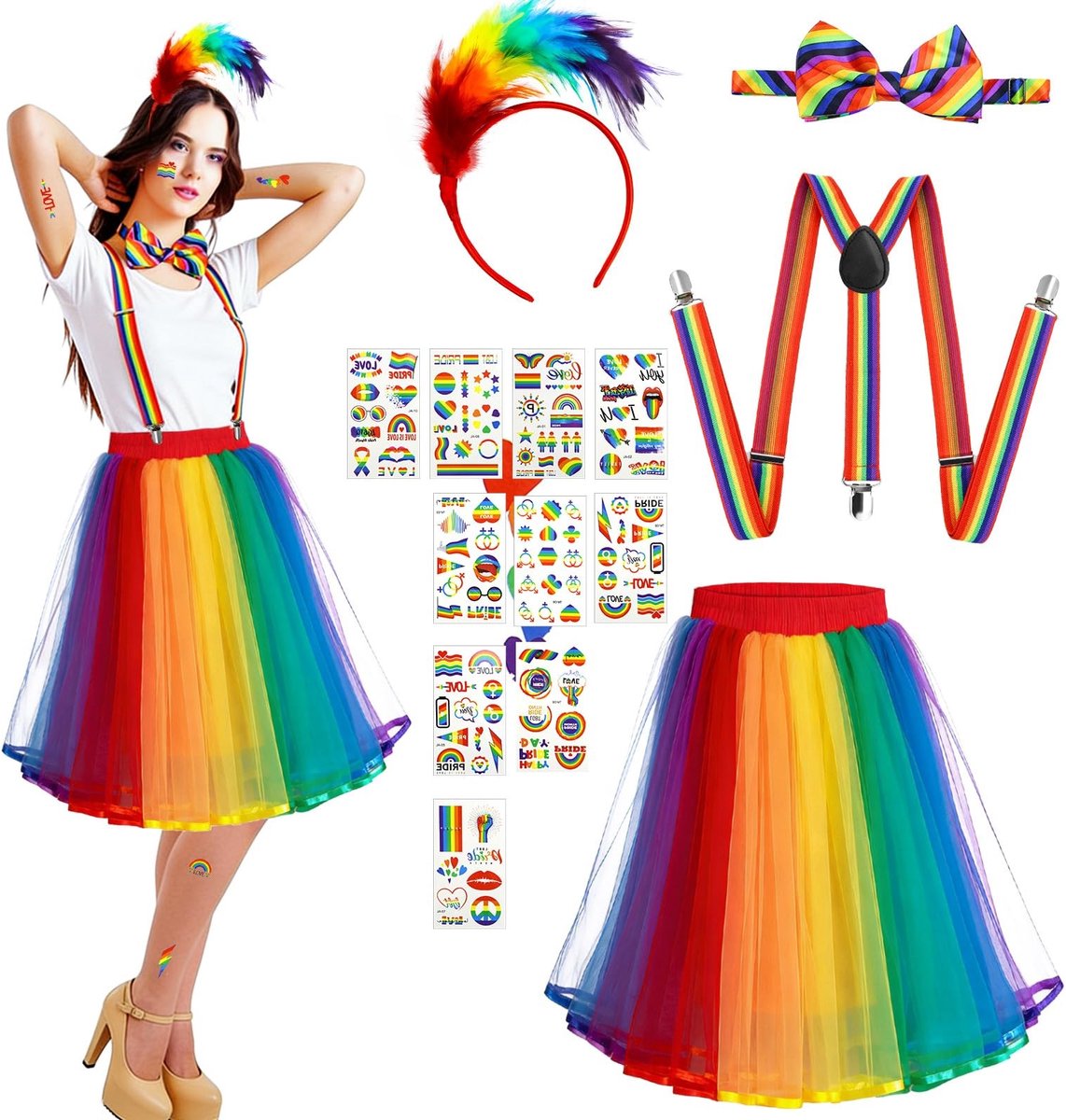 Dailygoods - HUYUE Regenboogkostuum, tule rok, kleurrijke damesset voor carnaval