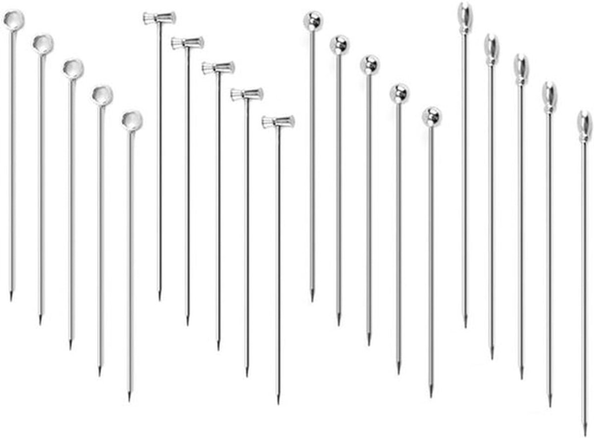 Set van 20 RVS Cocktail Prikkers - Herbruikbare Prikkers voor Drankjes - Hapjesprikkers voor Cocktails en Barbecues