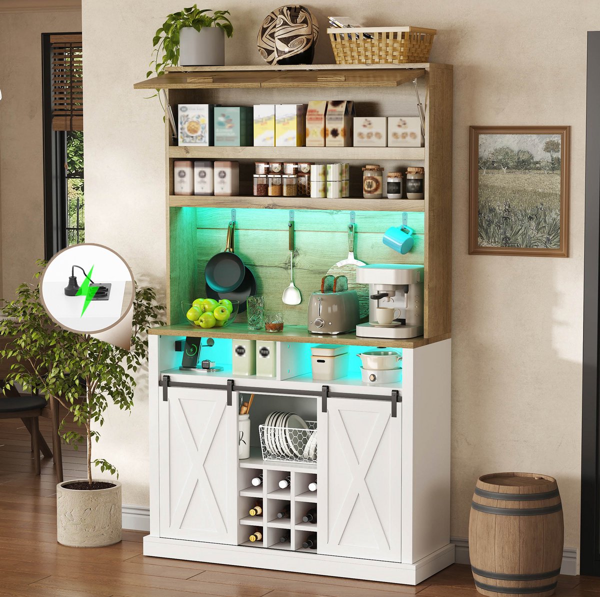 OKWISH Keukenkast – Hoge Kast Met Ledverlichting En Vitrine – Voor Keuken En Eetkamer – Wijnrek En Opbergruimte – MDF Naturel Wit – 110x40x191 cm