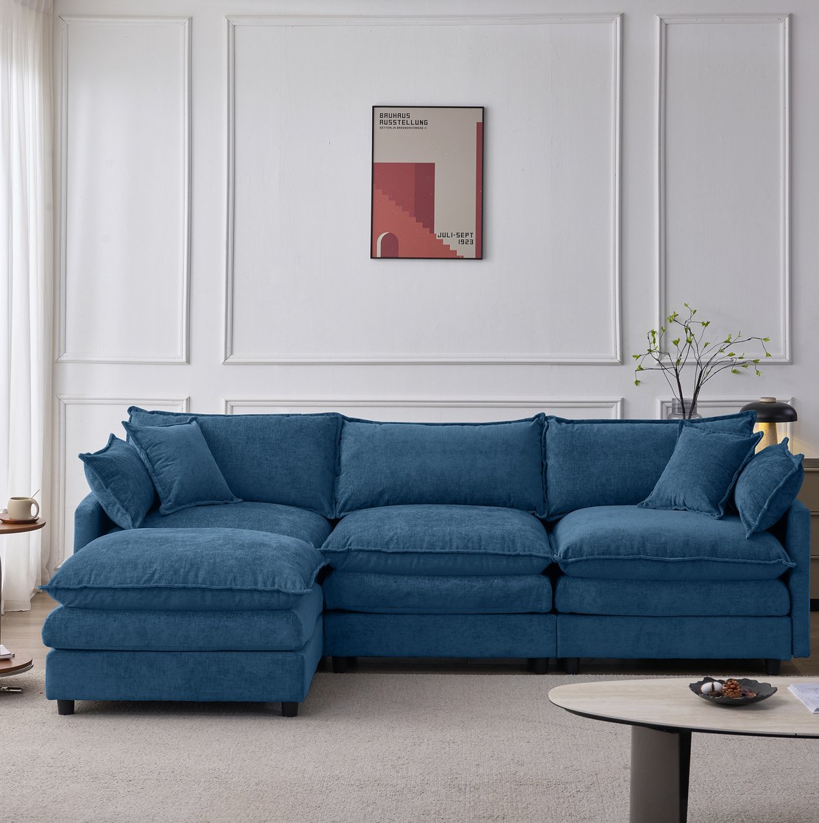 MIVRAY Hoekbank 267 x 154 cm - Modulair 3-Zits Met Chaise Longue En Hocker - Voor Woonkamer En Lounge - Chenille Blauw