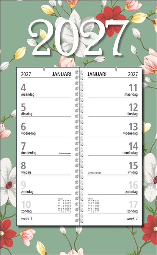Weekkalender 2027 in groen met bloemenprint. De pagina toont "JANUARI 2027" met dagen van 4 t/m 17.